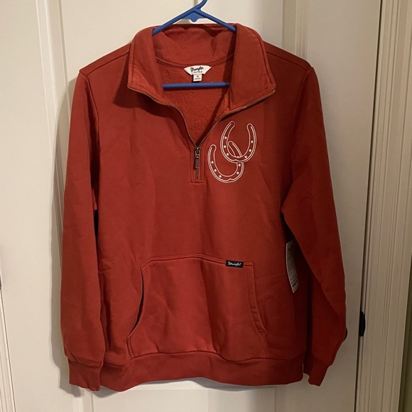 Wrangler Sweaters - Wrangler Red Zip-Up Sweater with Horseshoe Design
